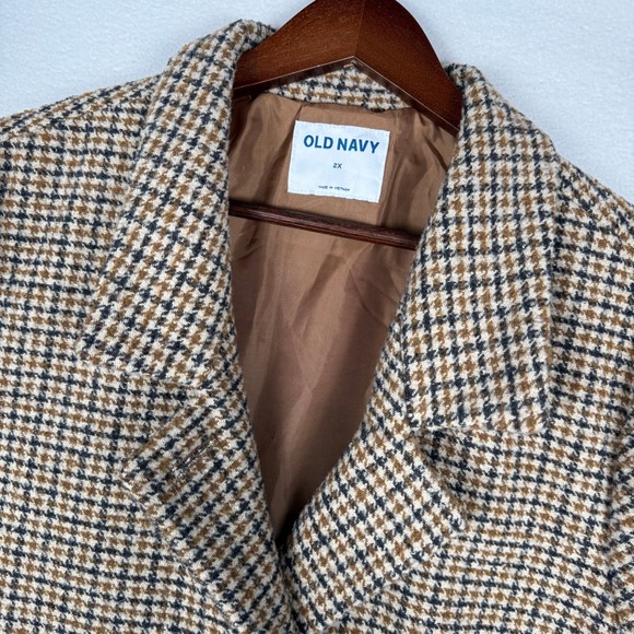 Old Navy Jackets & Blazers - NEW Old Navy Womens 2X Houndstooth Wool Blend Coat Brown Tan Plaid Overcoat